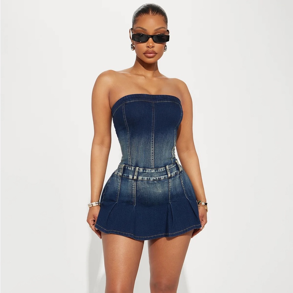 On Repeat Pleated Denim Romper - Dark Wash - Large